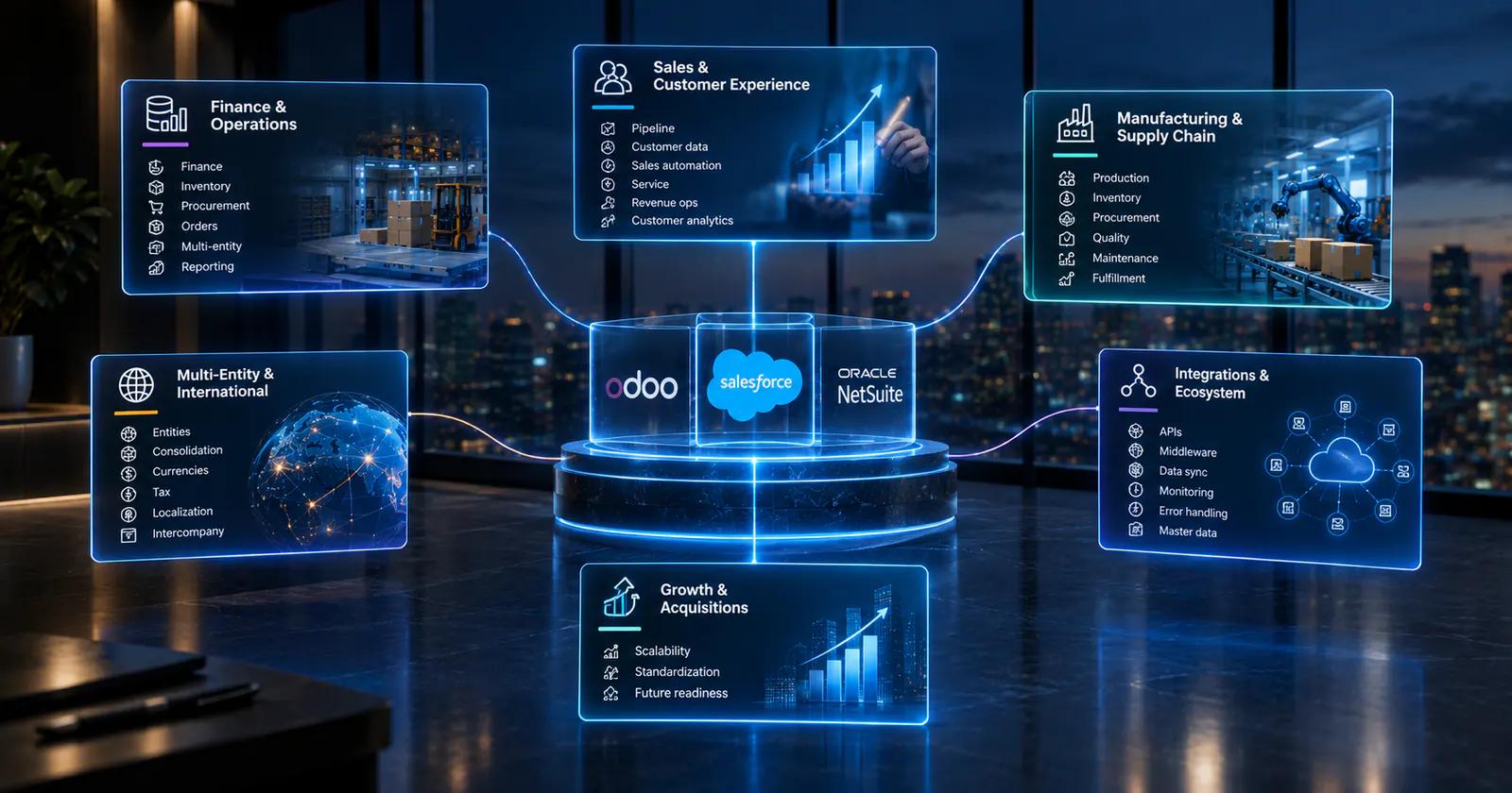 Decision framework for choosing Odoo, Salesforce, or NetSuite by business scenario — finance, sales, manufacturing, multi-entity, integrations, and growth