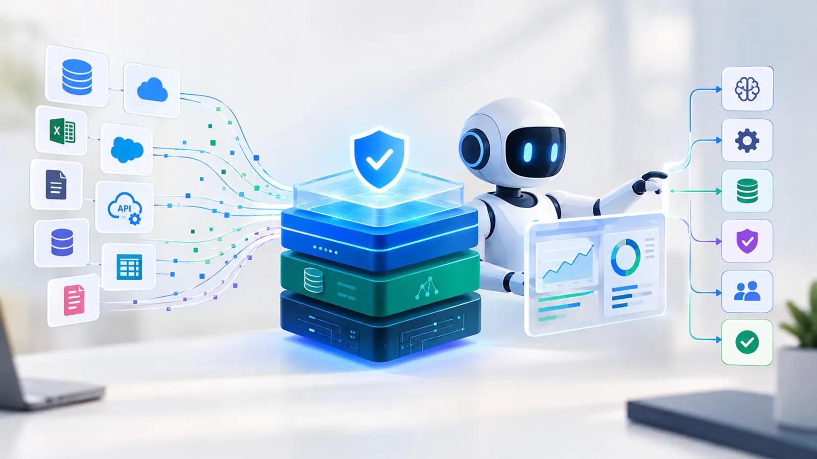 An AI agent connecting enterprise data sources to governed, secure outputs through a data foundation