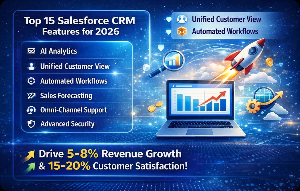 Top 15 Salesforce CRM features for 2026, driving 5-8% revenue growth and 15-20% customer satisfaction