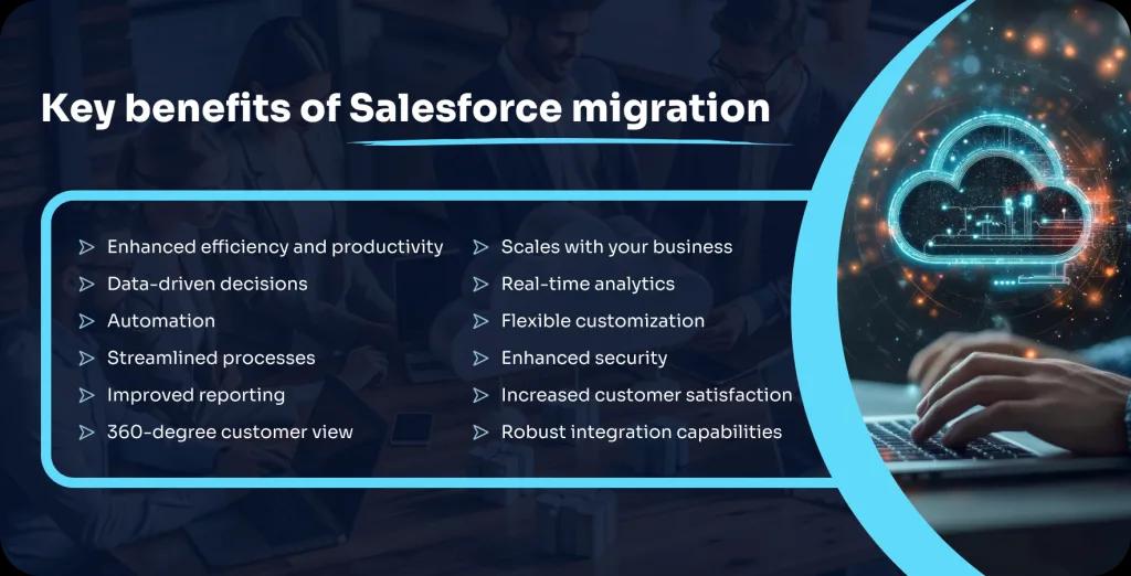 Key benefits of Salesforce migration: enhanced efficiency and productivity, data-driven decisions, automation, streamlined processes, improved reporting, 360-degree customer view, increased customer satisfaction, scales with your business, flexible customization, enhanced security, data integrity, and cloud accessibility