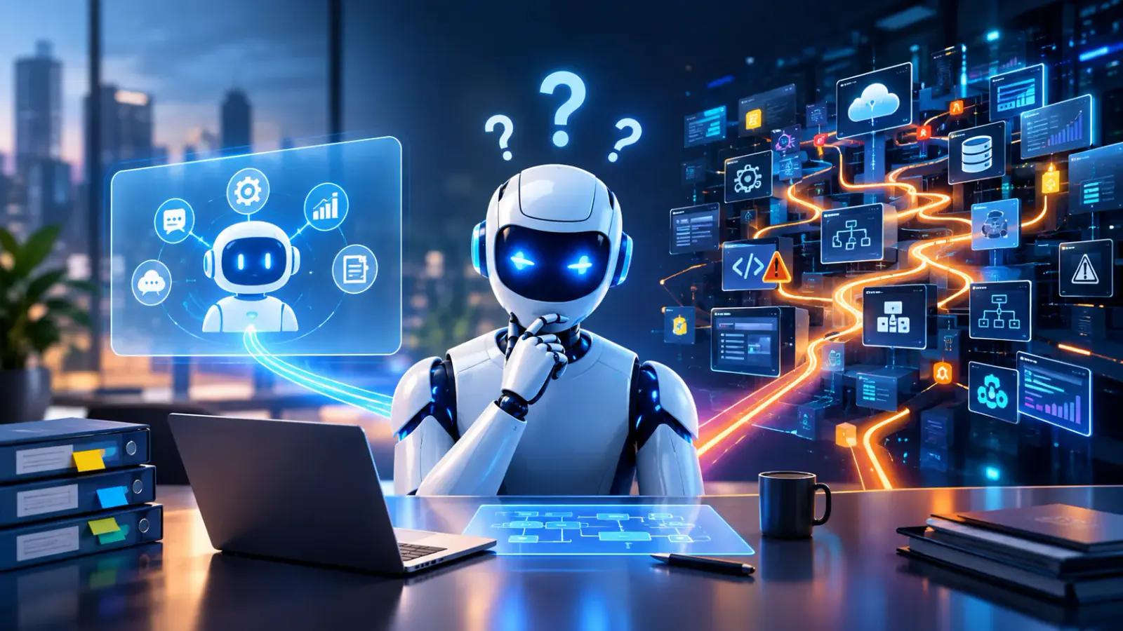 Robot assistant weighing questions about AI agent vendors, connected to enterprise systems